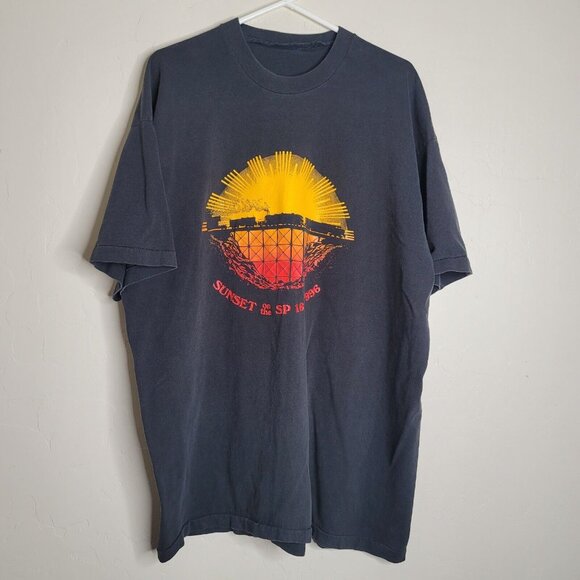 VINTAGE 90s Sunset on Southern Pacific Lines Shirt Mens 3XL Black Train Adult - Picture 2 of 4